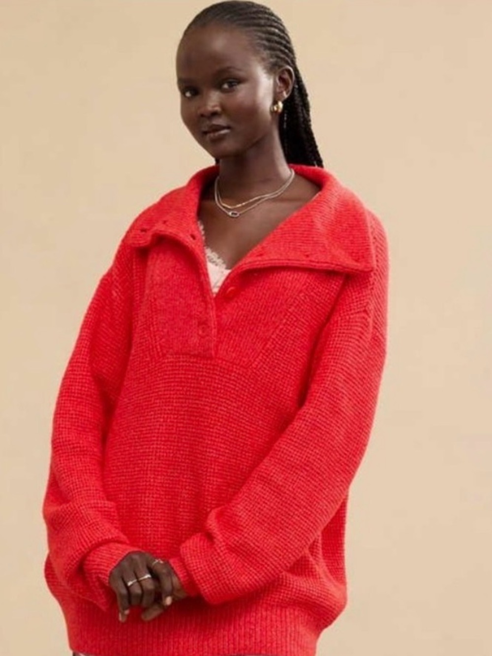 aerie Red Knit Turtleneck Sweater with Button Placket